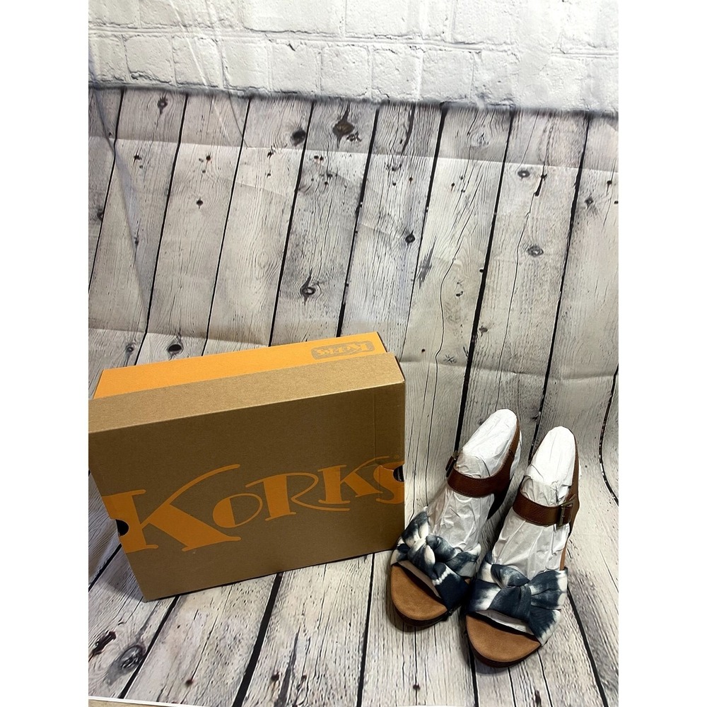 Korks Natalia Tan Blue Denim Tie Dye Fabric Platform Sandals Womens 10 NEW